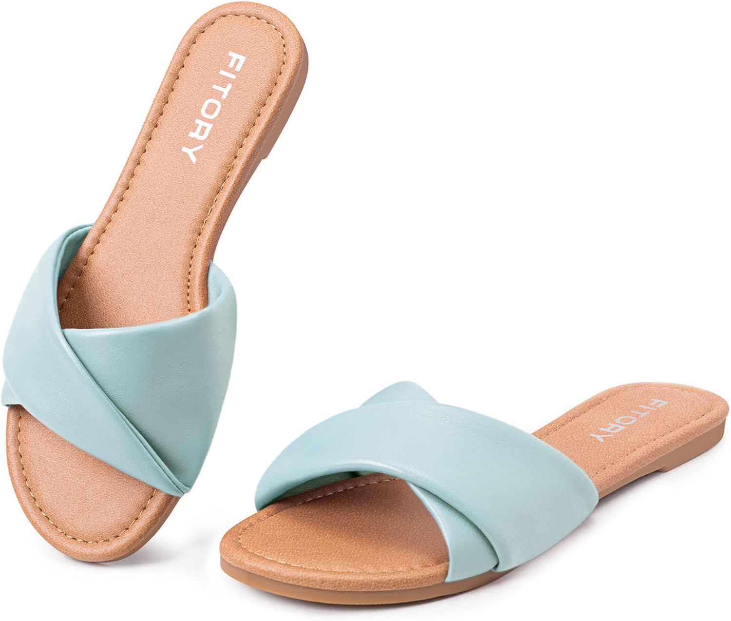 FITORY Women's Flat Sandals Fashion Slides With Soft Leather Slippers for Summer Size 6-11