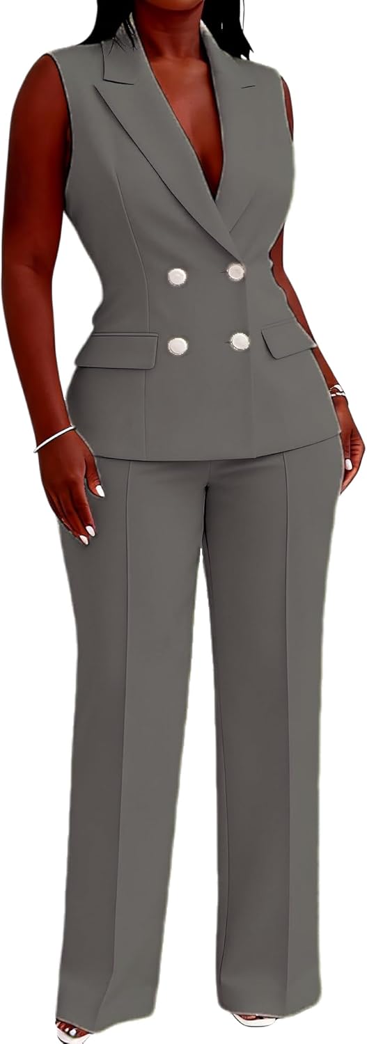 Women's 2 Piece Suits Plus Size Double Breasted Vest Blazer Wide Leg Pants Set Casual Work Outfits