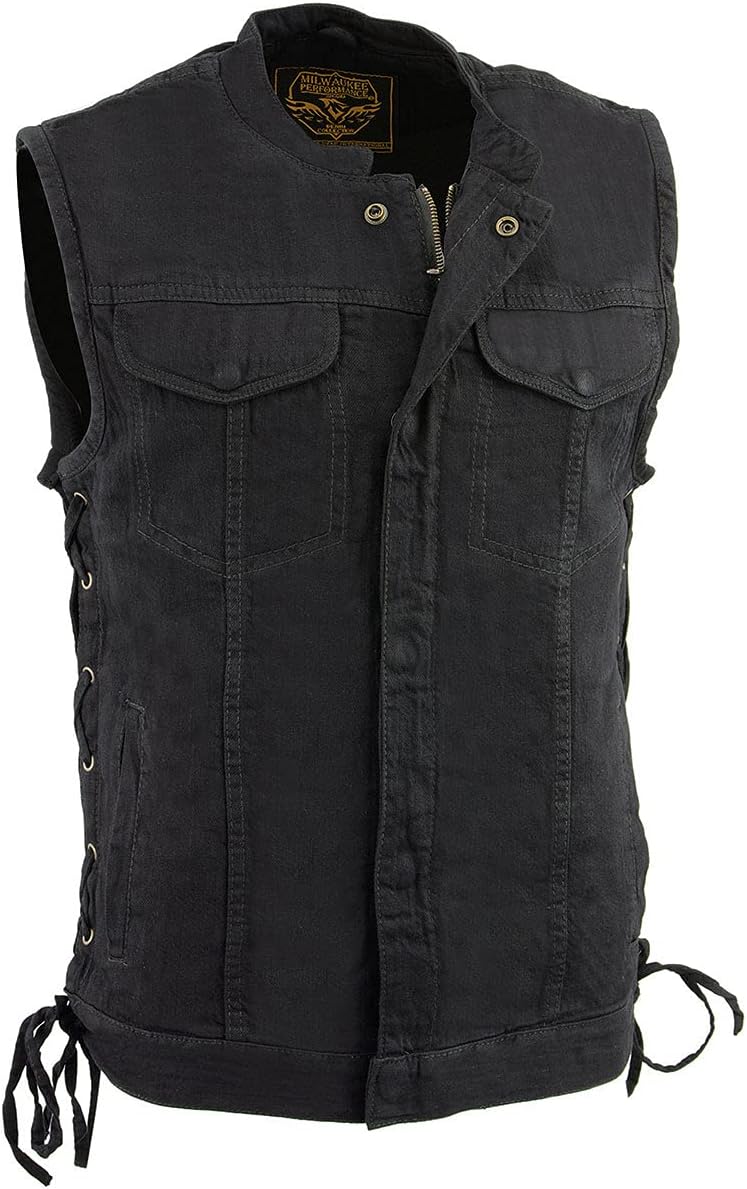 Milwaukee Leather MDM3002 Men's ‘Covert’ Black Denim Club Style Vest with Side Lace Adjustment - Large