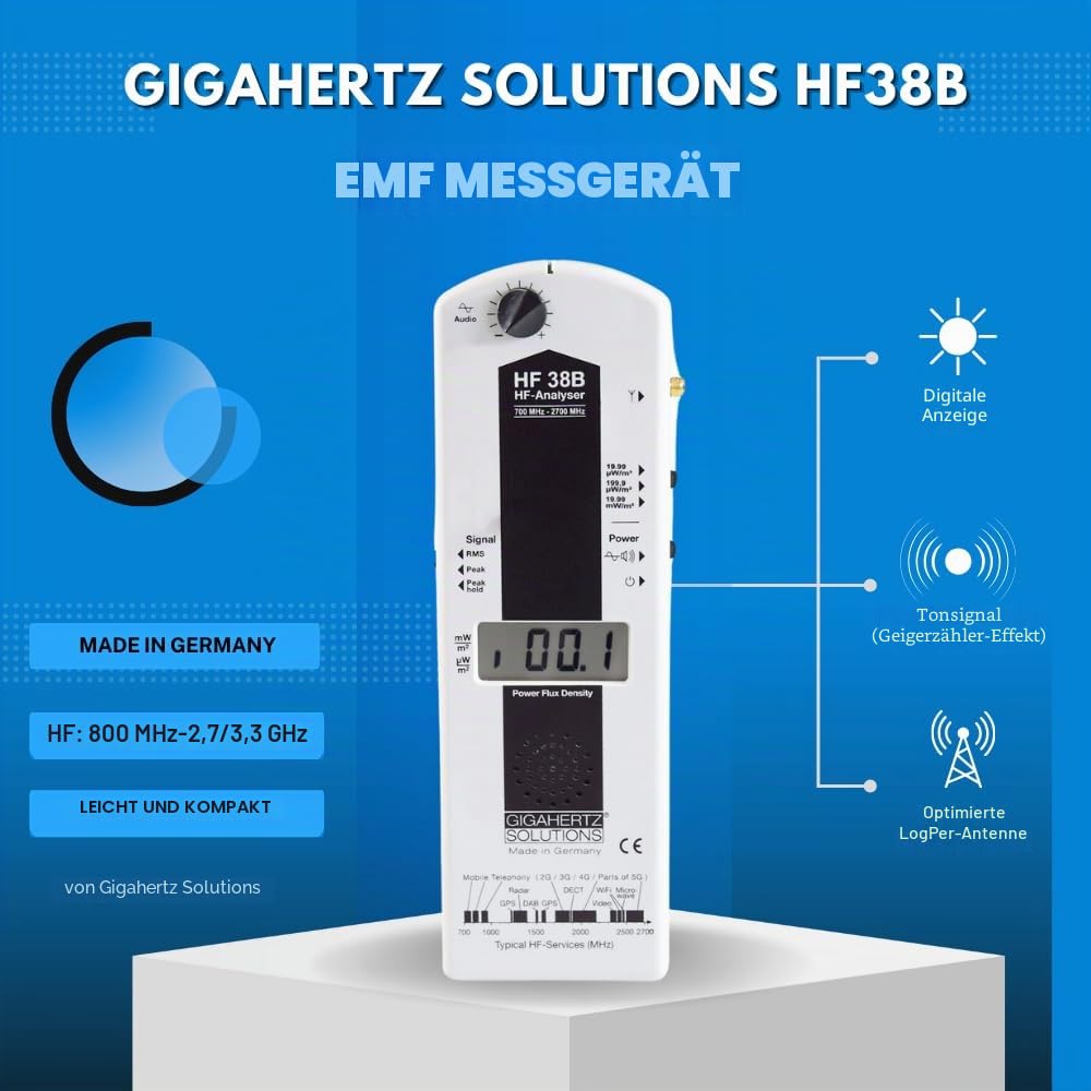Gigahertz Solutions HF38B | Hochfrequenz Elektrosmogmessgerät | Präzise & zuverlässige Messung von Elektrischer & Magnetischer Feldstärke 800 MHz - 3,3 GHz | mit LogPer Antenne