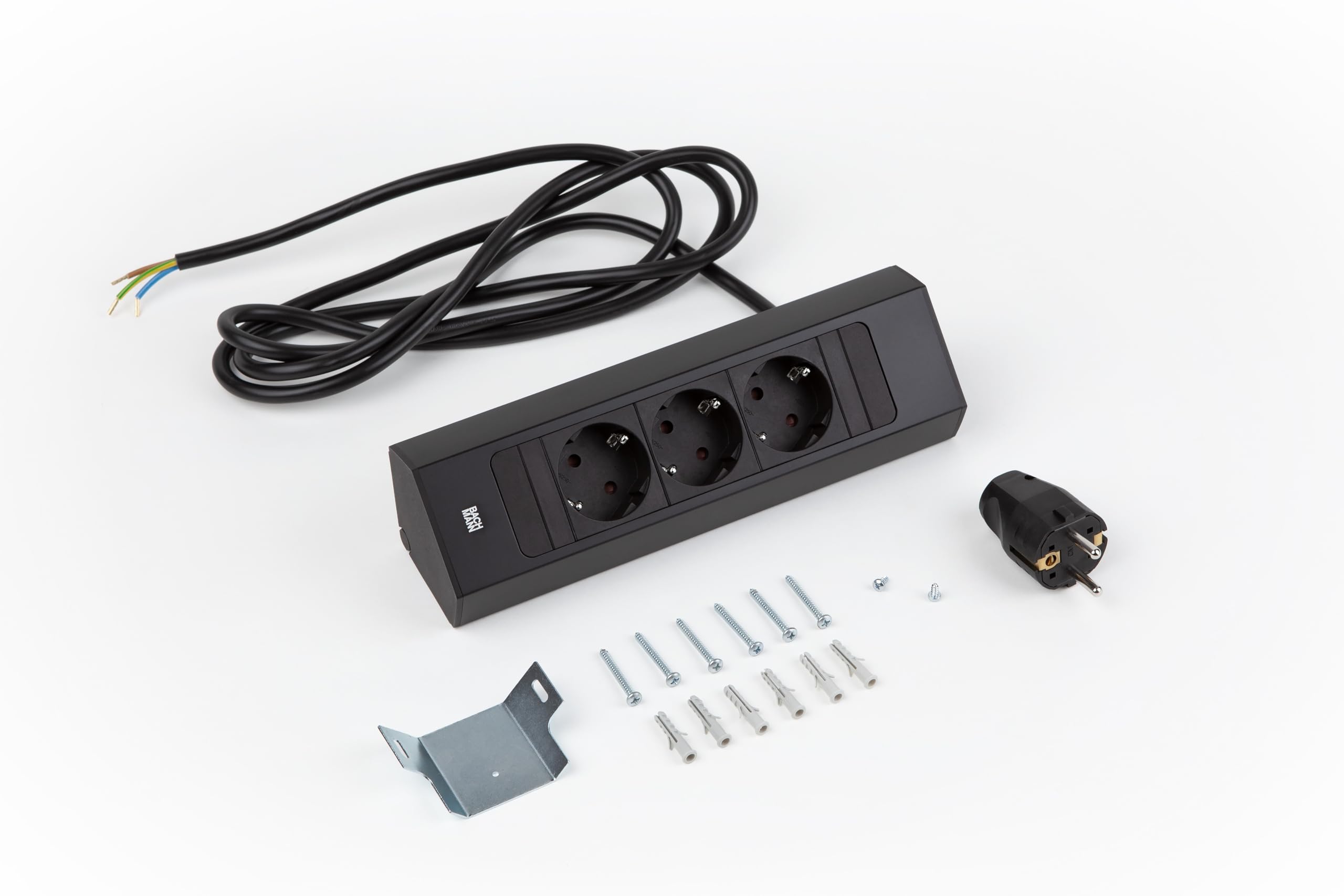 BACHMANN Regleta Casia 2 de 3 enchufes con Cable de 2 m para Montaje en Pared y Esquina en Cocina y Oficina, Color Negro 932.100 (con Revestimiento antihuellas)