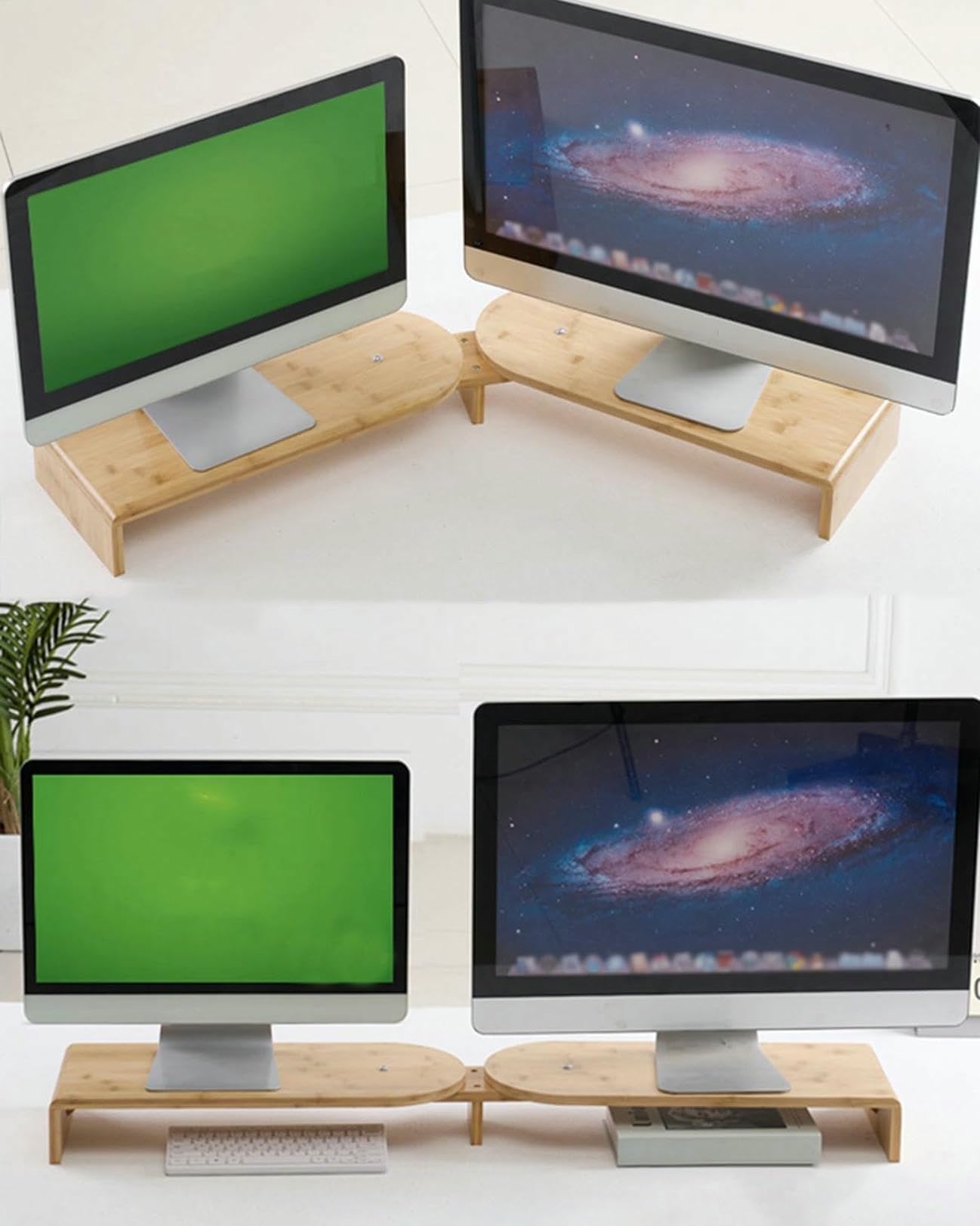Supporto per Monitor angolare, Supporto Doppio per Monitor, Organizer da scrivania in Legno con Angolo Girevole, Supporto per Laptop/Stampante/PC
