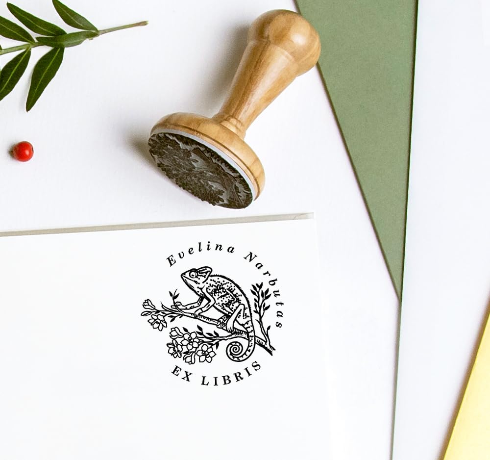 Camaleonte Ex libris Timbro Personalizzabile, Fiore Ramo Albero Magnolia Bianca, Fatto a Mano Regali Amanti Libri in Scatole Regalo