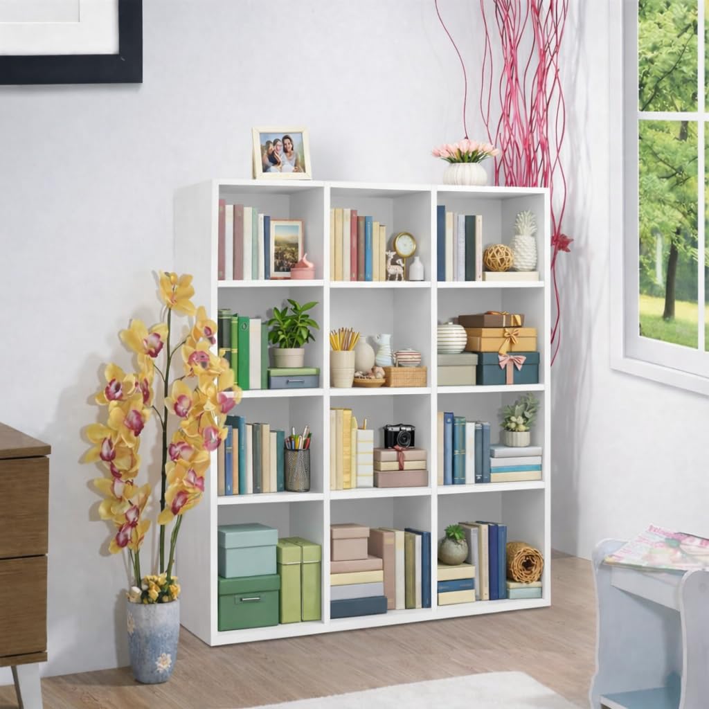 Wood Wall Display Bookshelf Decorative Storage Cabinet Shelf White 4, 4, 4 Tier-image-36