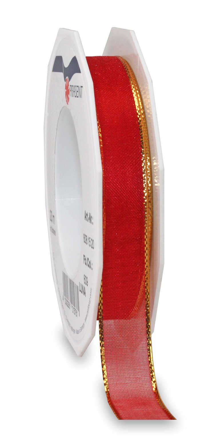 Präsent - Luna Organza wired edge Ribbon Red 20-m-Roll 15 mm width, Cream, 15mm - 20m