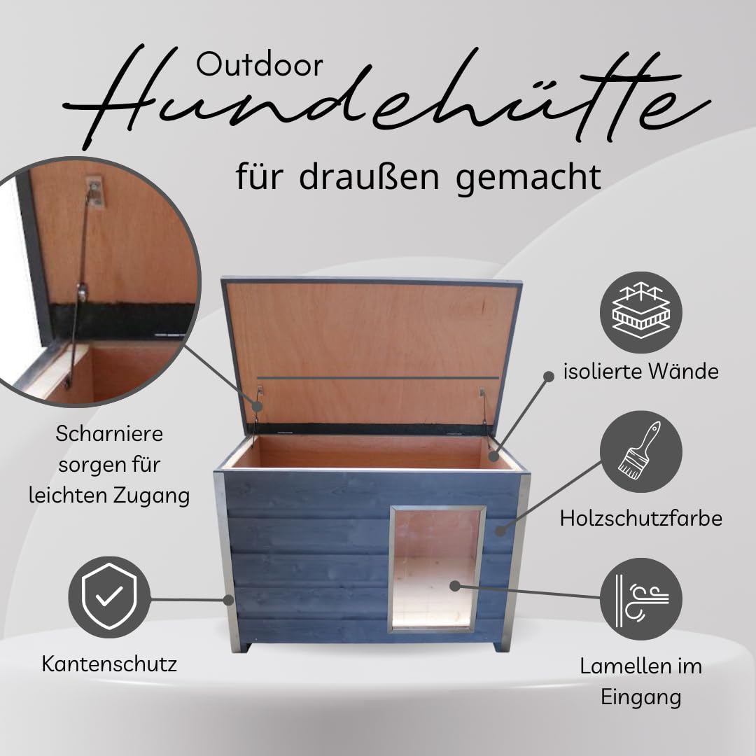 wetterfeste Hundehütte grau, Klappdach, 100x70x80 cm | 3-wandig vollisoliert (auch Dach und Boden)