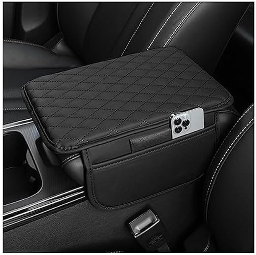 PU Leather Car Armrest Cushion – Universal Fit Center Console Pad for SUV, Truck & Car – Ergonomic Comfort Armrest Cover with 2 Phone Pockets –...