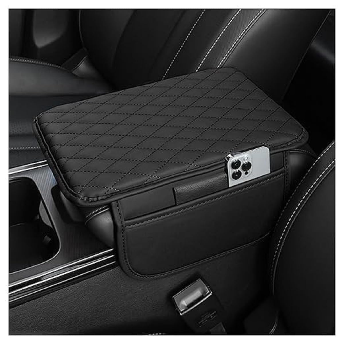 Car Armrest Cover Pad PU Leather Center Console Cushion with Dual Phone Pockets| Arm Support, Scratch & Seat Box Protector (Black) For Xuv 700-image-7