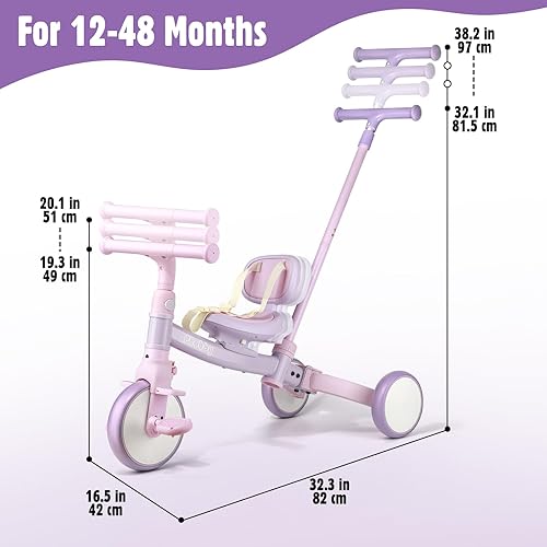 Miniatura 7 de Triciclo 5 en 1 para niños pequeños con mango de dirección para niños de 1, 2, 3, 4 años, triciclo para niños con pedales extraíbles, juguete de