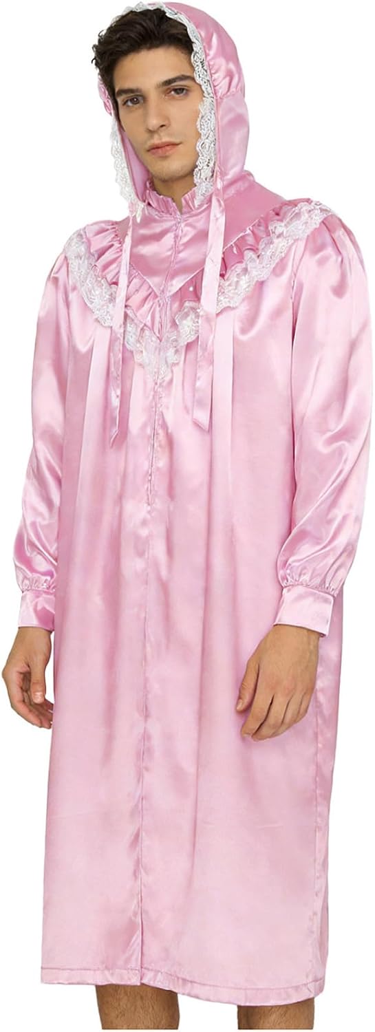 Vxuxlje Mens Shiny Satin Victorian Nightgown Ruffled Lace Trim Front Zipper Pajamas Robe with Hat