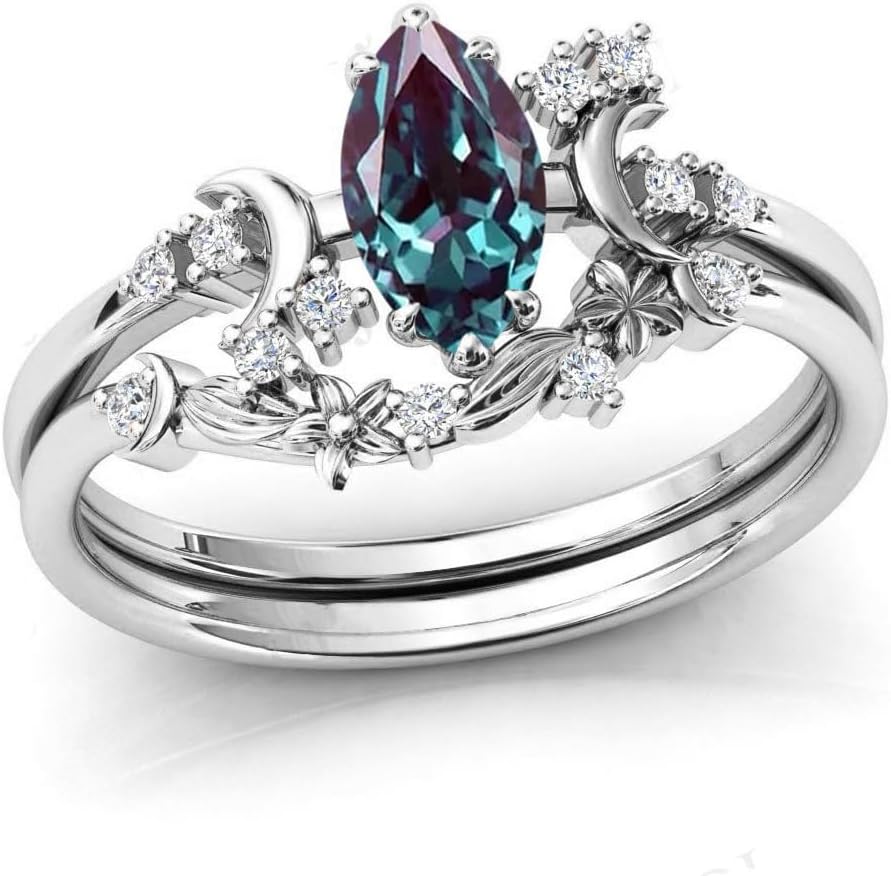 10K 14K 18K Black Gold Marquise Gemstone Engagement Ring Set for Women 925 Sterling Silver Gemstone Triple Moon Goddess Art Deco Bridal Wedding Ring Set (Size 4-15) - Image 5