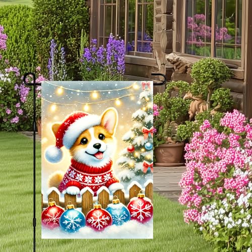 Image of BlissYard Christmas Garden Flag 12x18 Inch Corgi Santa Hat Yard Decor