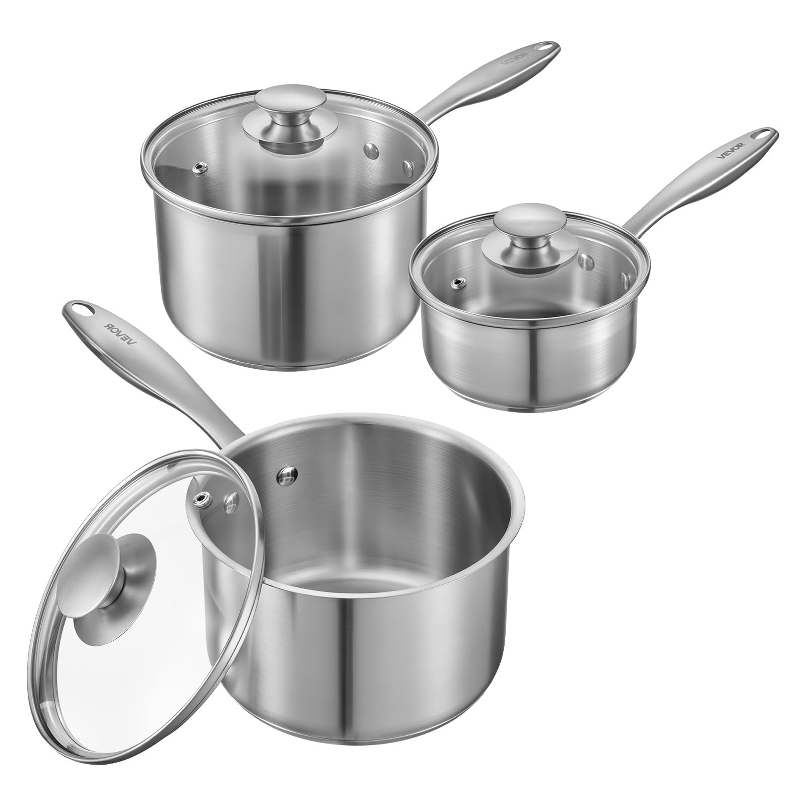 VEVOR Zestaw rondli ze stali nierdzewnej, 1 QT, 2 QT i 3 QT, ze szklanymi pokrywkami, wielofunkcyjny, nieprzywierający, ze stali nierdzewnej, z ergonomicznym uchwytem, przyjazny do piekarnika