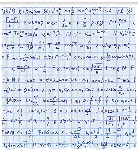 Ambesonne White Blue Shower Curtain, Inspired by The Science Theme with Hand Written Physics Formula a Lesson Students and Notes Art, Cloth Fabric Decor Set with Hooks, 69" W x 84" L, White Blue - Image 2