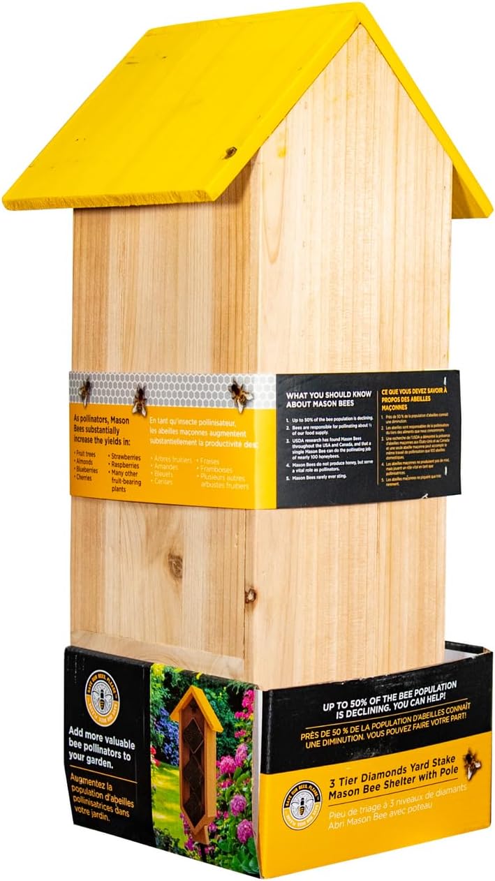 JCs Wildlife Save Our Bees Please 3-Teir Diamond Yard Stake Mason Bee House