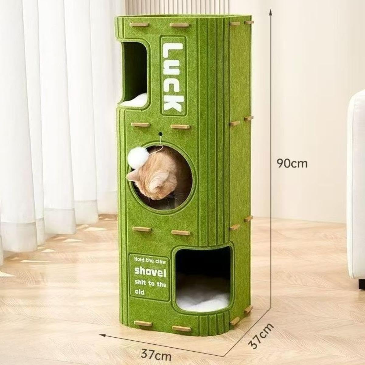 Cama Cueva para Gatos de 3 Pisos, para Gatos con Juguete Colgante en Forma de Bola, Cubierto, Condominio para Varios Gatos, Gat, Verde