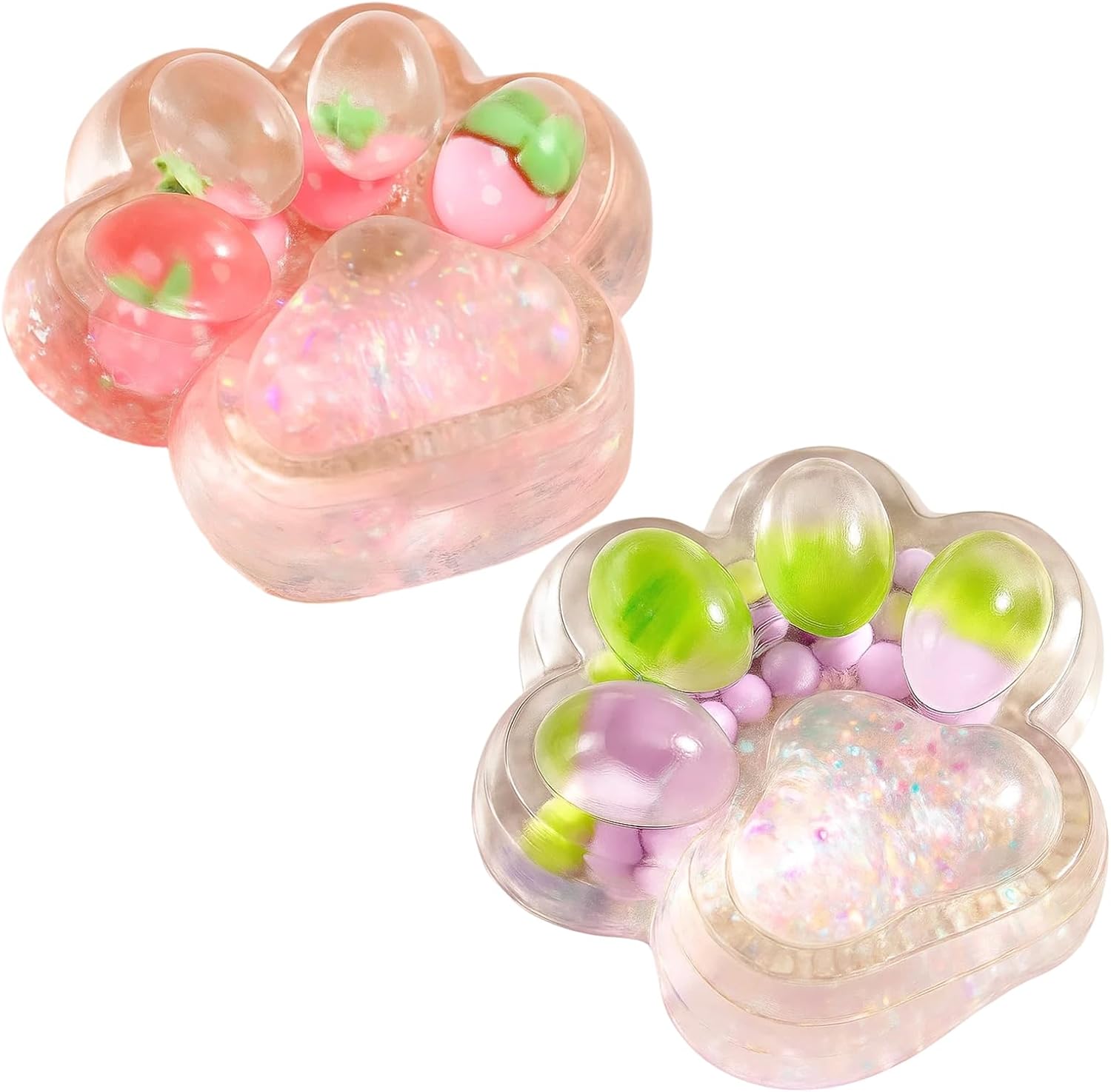 2-Pack Taba Squishy Paw, Soft Transparent Taba Squishy Cat Paw Sensory for Stress Relief, ADHD Focus, Office Desk or Travel, 7x6x3cm with Strawberry & Grape Patterns