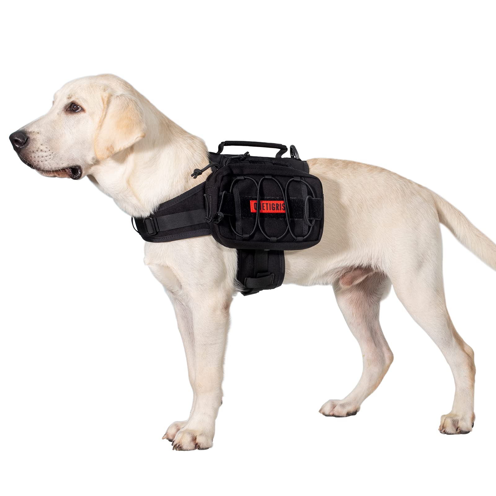 OneTigrisDog Backpack Mammoth for Medium & Large Dogs, Nylon Backpack for Dogs Tactical Pet Backpack with Side Pockets for Hiking Walking Training Running (Black, Small)