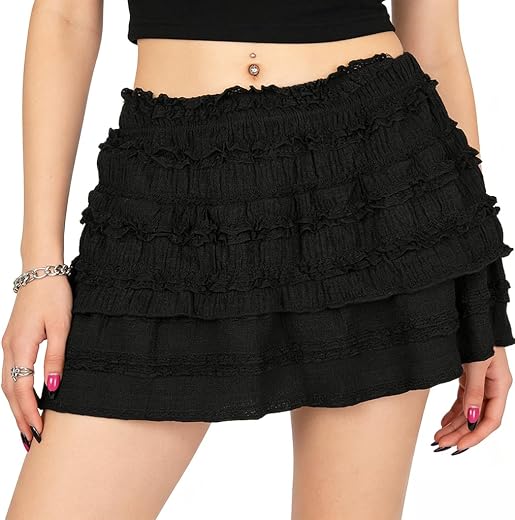 SANNIDHI® Women's Pleated Ruffle Mini Skirt Kawaii Lolita Gothic Clothes Casual Style A-line Elastic Waist Lace Trim Pleat...