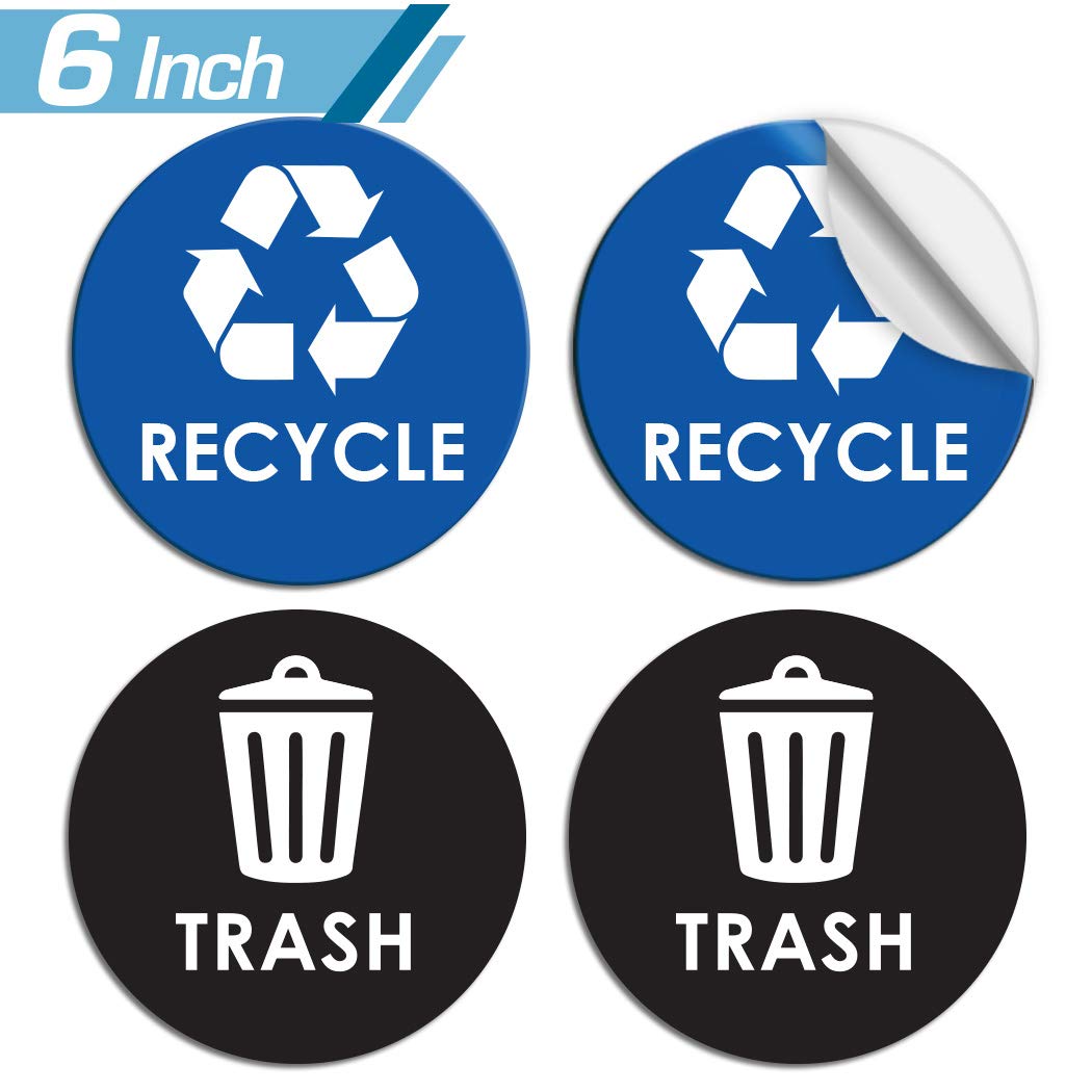 Recycling & Trash Bin Stickers - [4-Pack, 6" Inch Round Decals] - Easy to Apply, UV-Resistant for Effective Indoor & Outdoor Waste Management in Kitchens, Offices, and Public Spaces