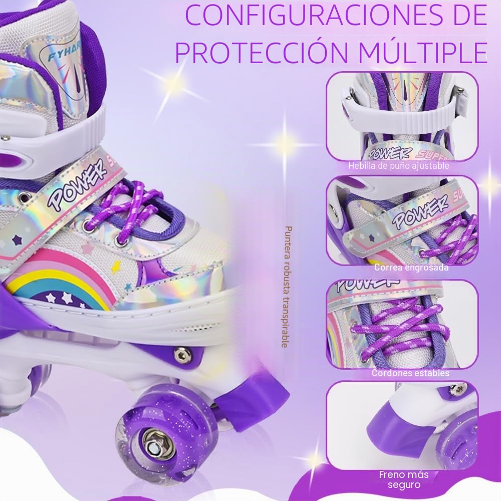 Patines para niños y niñas, Ajustables en 4 tamaños para niños y Principiantes, Patines de Ruedas para Deportes Violeta Arco Iris