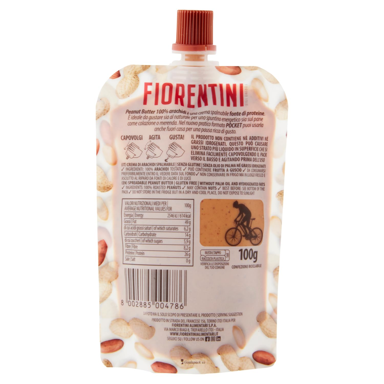 Fiorentini Lot de 4 sachets de beurre de cacahuète 100 % Arachidi dans pochette 4 x 100 g + Italian Gourmet Polpa 400 g