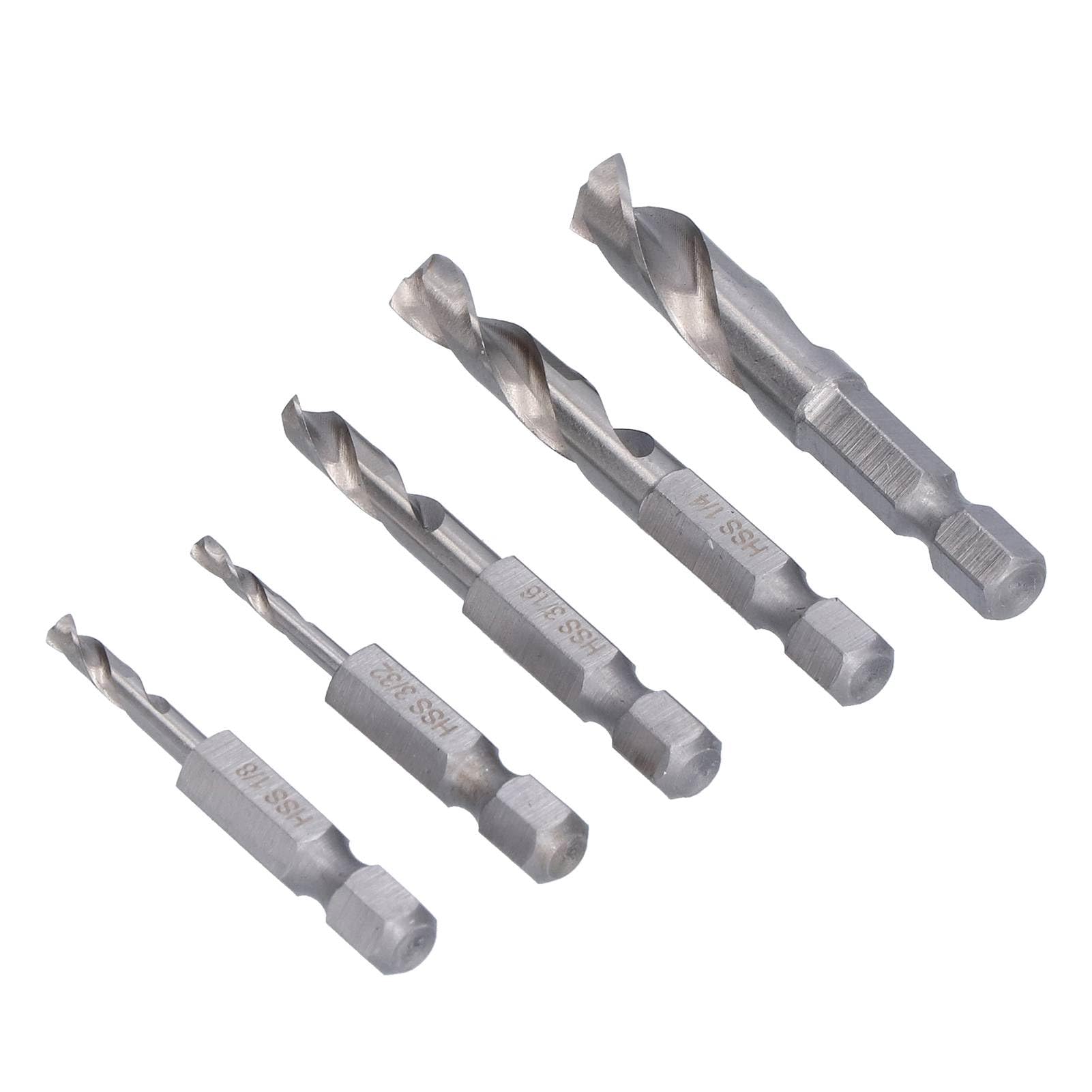 5-Piece Stubby Drill Bit Set – Hex Shank, Quick-Change, Sizes 3/32” To 5/16”, M2 Steel