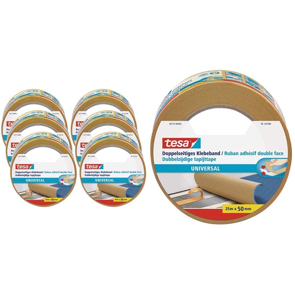 Tesa Ruban Adhésif Double Face Universel - Ruban Adhésif Polyvalent - Lot de 6 rouleaux 10 m x 50 mm & Universal Rouleau de Ruban Adhésif Double Face pour Surfaces Lisses- 25 mm x 50 mm