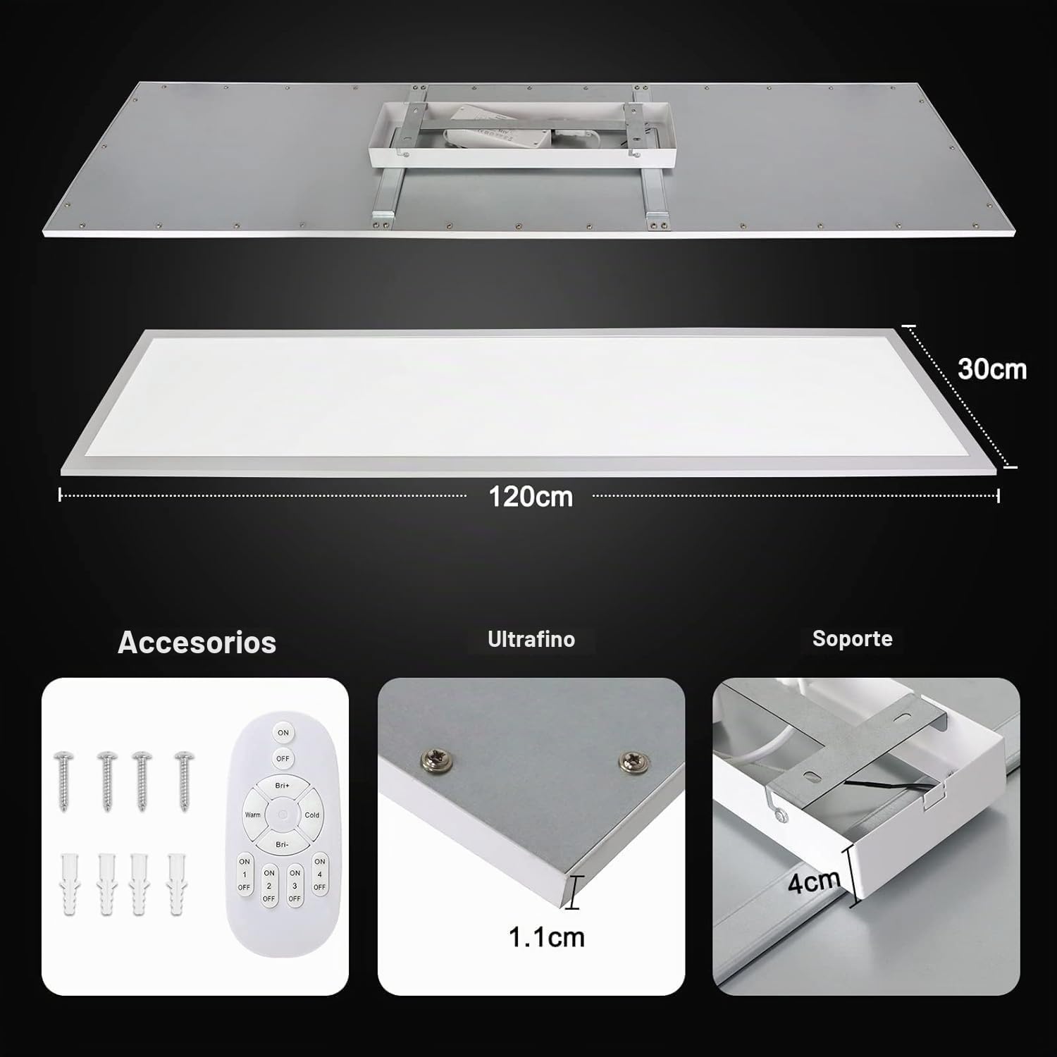 Plafón LED Regulable 120x30 cm con Función de Memoria, 40W 2700K-6500K Panel Rectangular Ultraplano con Mando a Distancia, luz Ultrabrillante Adecuado para Oficina, Cocina, Garaje, Taller, Sótano