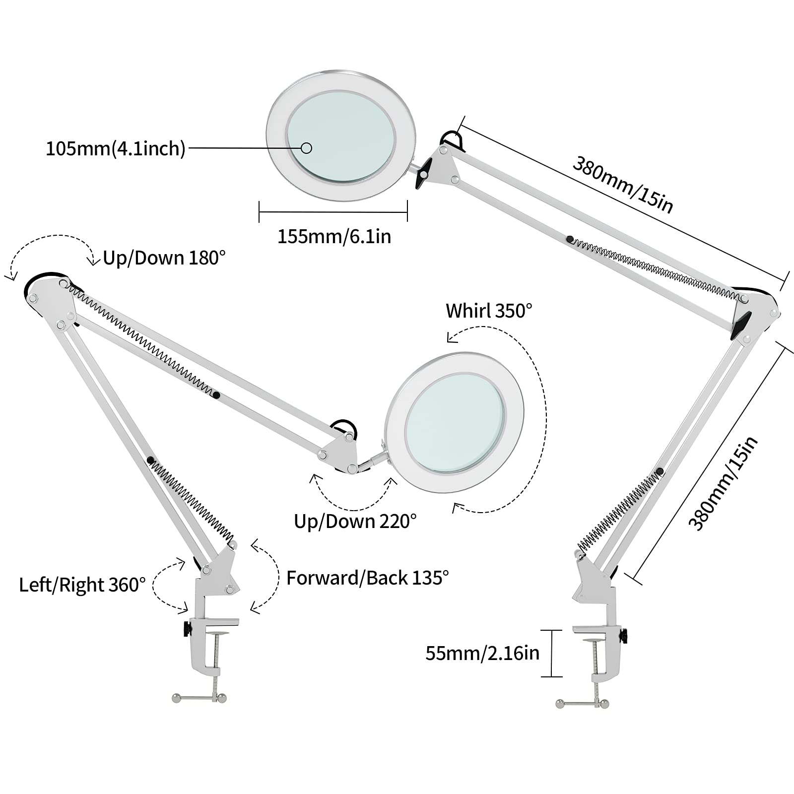 Lampe loupe / 105 mm 5 dioptries en Verre véritable / 3 Modes de Couleur / 10 Niveaux d'intensité / 750 LM avec 72 LED/Rayon de Travail 90 cm (argenté)