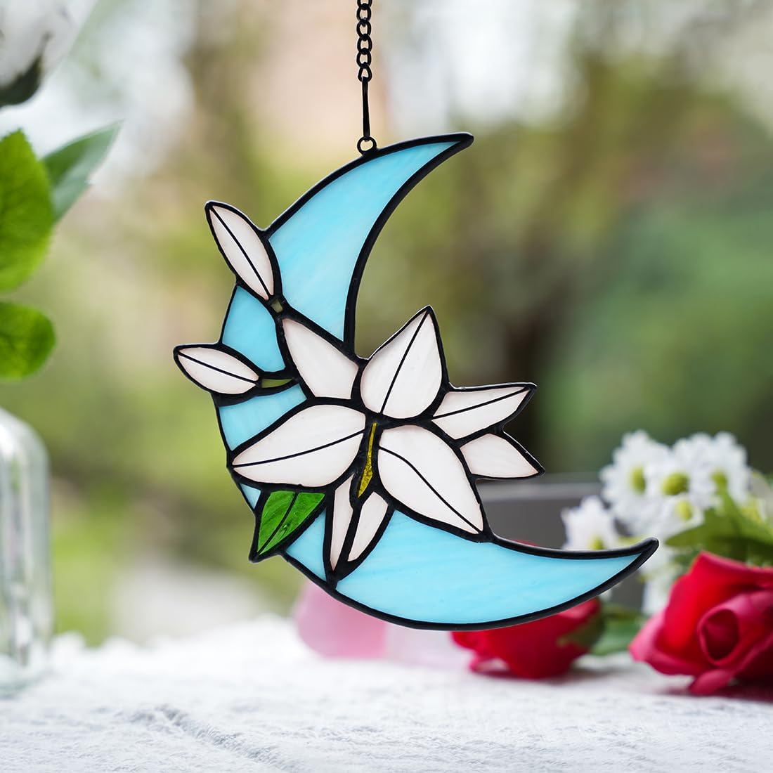 BOXCASA Lily Flower Decor Stained Glass Window Hangings,Artificial Flowers Gift for Women,Fake Flowers Ornament Stained Glass Suncatcher for Window Best Gifts for Teacher Mom Grandma