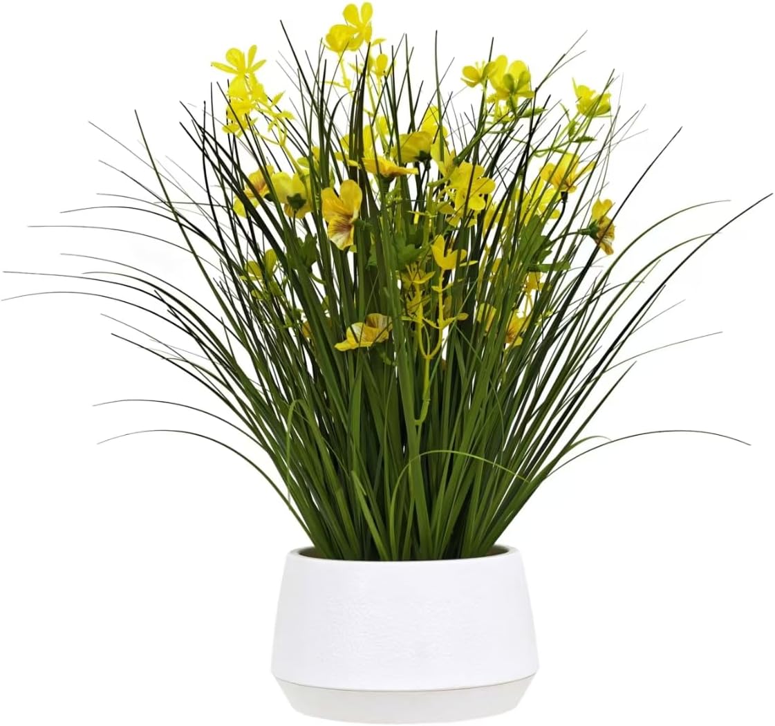 365 Blooming Decor 16.5" Artificial Yellow Onion Grass Plant in Modern White Pot with Decorative Pebbles – Faux Grass with Yellow Flowers, Assembly Free for Home, Tabletop, Shelf & Countertop Decor
