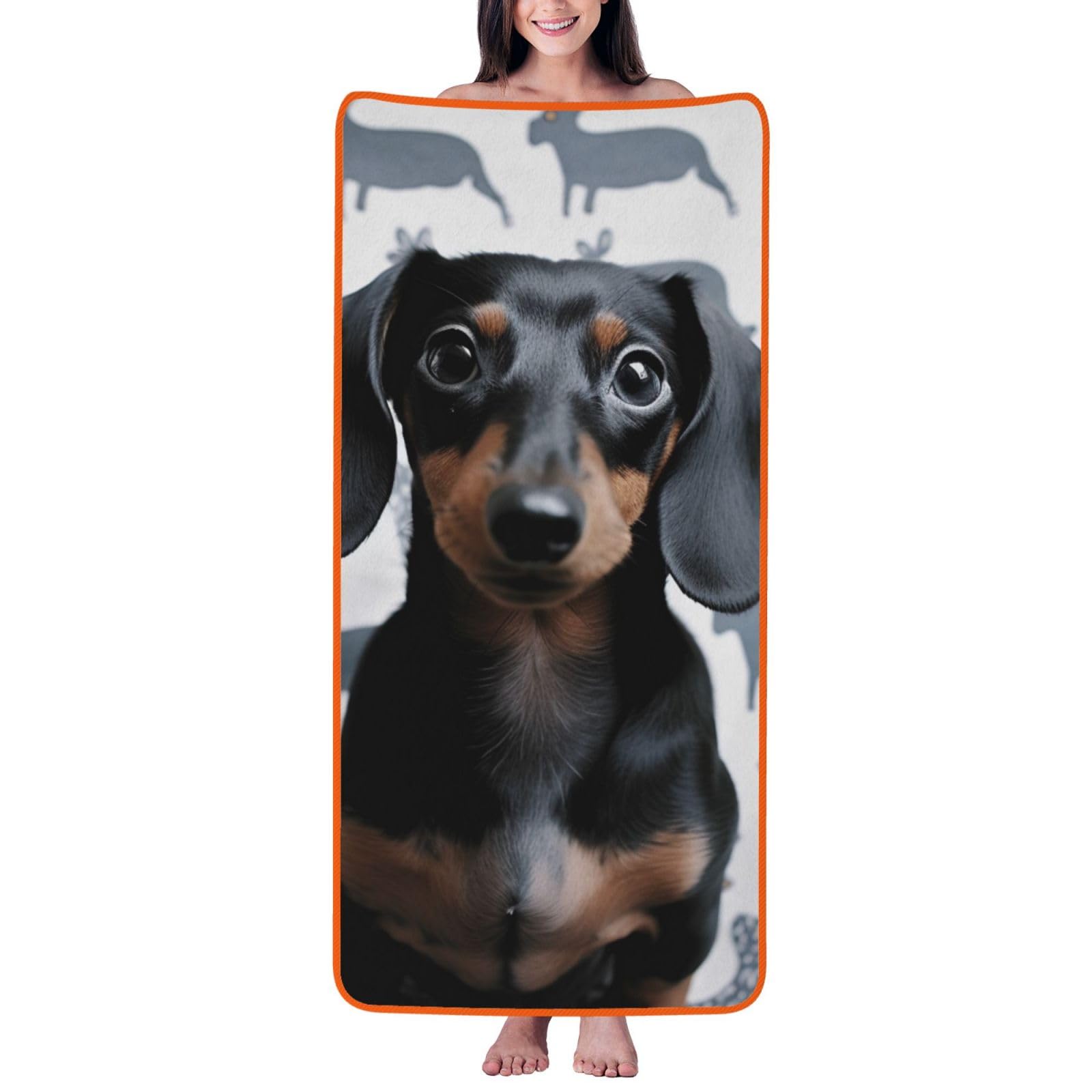 WPKJU Cute Dachshund Dog Printed Bath Towel with Orange Edging - 27x55 in Soft Extra Absorbent Coral Velvet Shower Towels for Bathroom