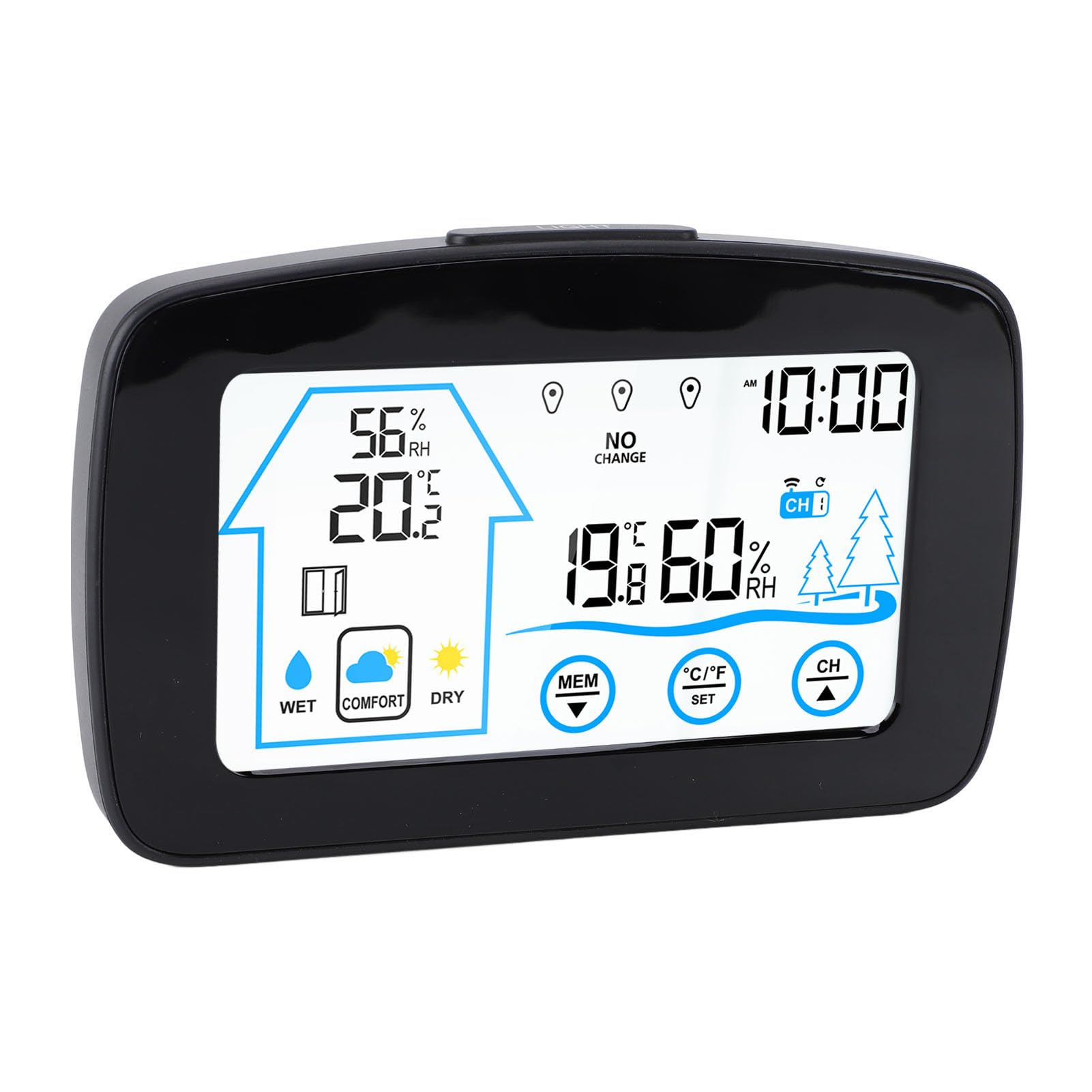 Hygrometer, Thermometer, Hintergrundbeleuchtung, Touchscreen-Taste, Wettervorhersage, Temperatur, Luftfeuchtigkeit, Messgerät für drinnen und draußen, Wohnzimmer, Schlafzim (Schwarz)