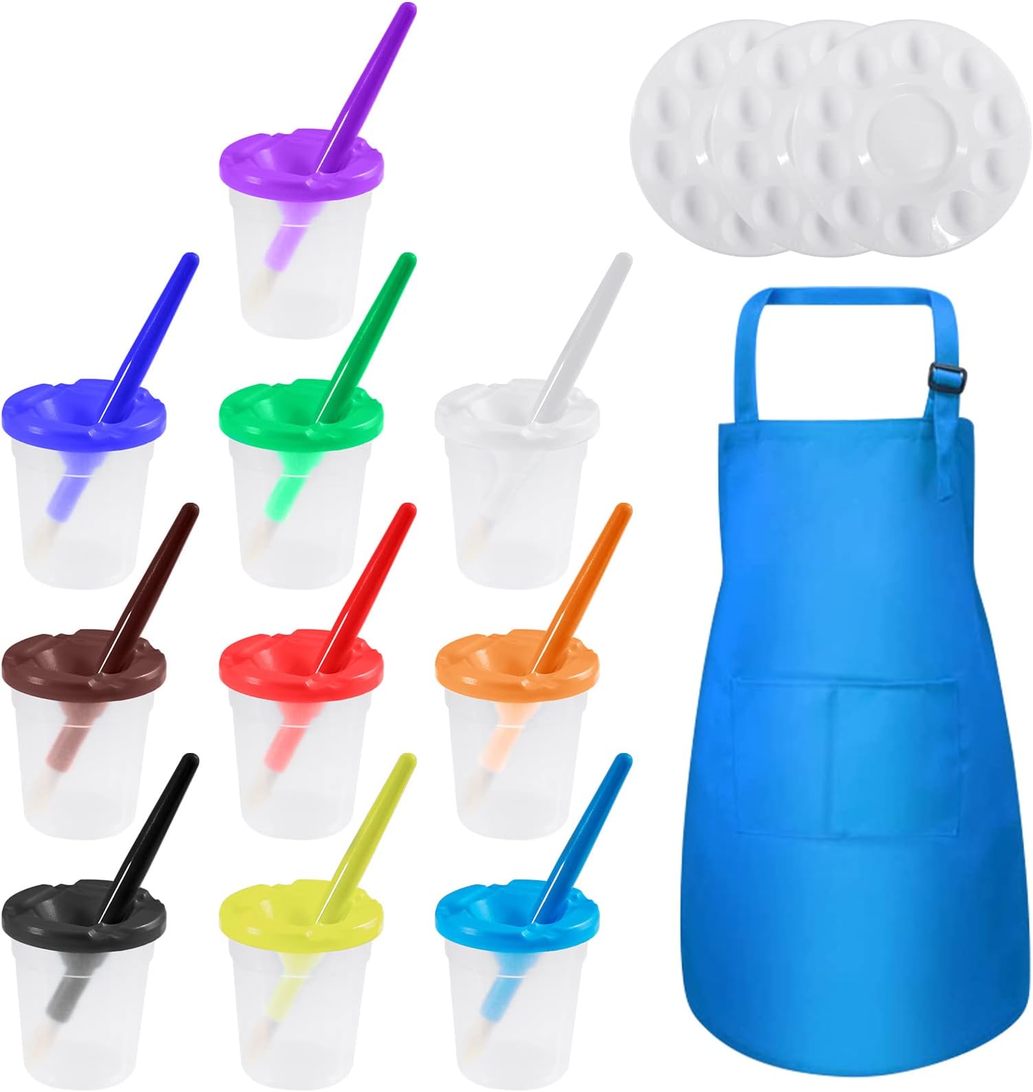 24 Pcs Kids Paint Set, 10 No Spill Paint Cups with Colored Lids, 10 Brushes, 3 Palettes, 1 Blue Apron, Washable Toddler Painting Supplies for Art Craft Project, Painting Class Parties