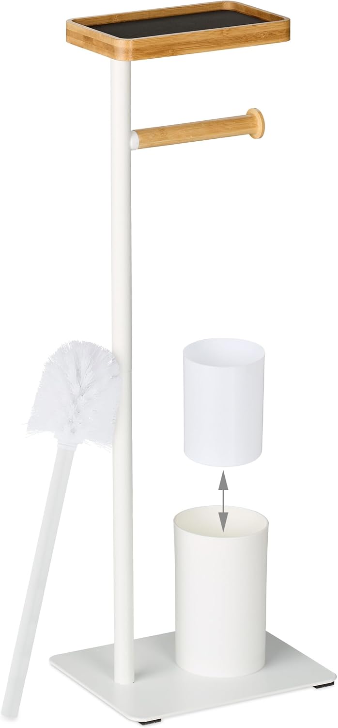Relaxdays Bamboo Iron Freestanding Toilet Paper Holder Toilet Brush with Brush Holder White/Natural