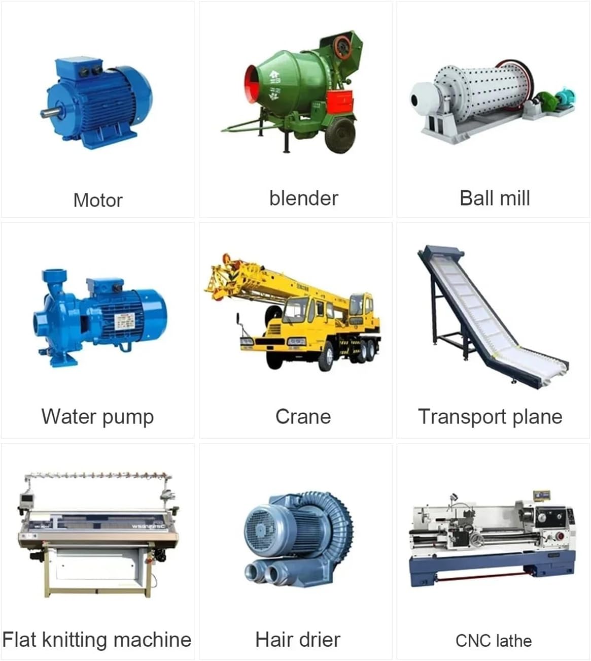 Grid of images showing various industrial applications for the VFD, including motor, blender, ball mill, water pump, crane, transport plane, flat knitting machine, hair drier, and CNC lathe.