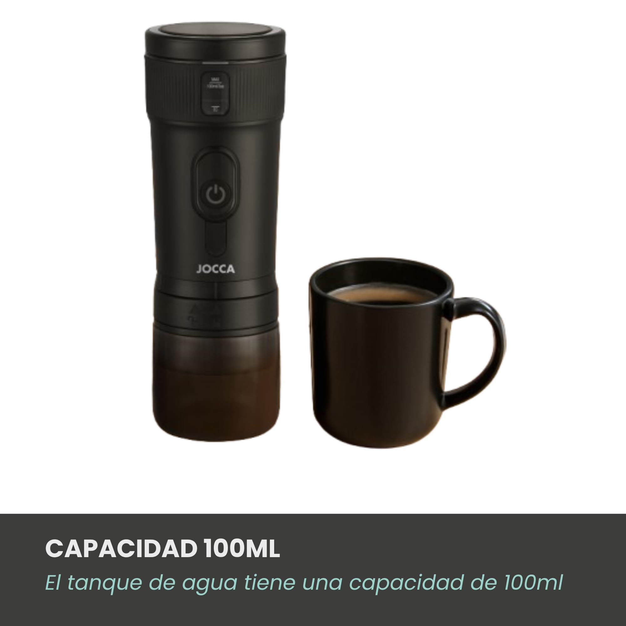 Jocca – Cafetera Portátil 3 en 1 | Compatible con Cápsulas Nespresso, Dolce Gusto y Café Molido | 15 Bares, Batería 2600mAh, Calentador 100W, USB-C, 100ml, Café Caliente en 8 Minutos