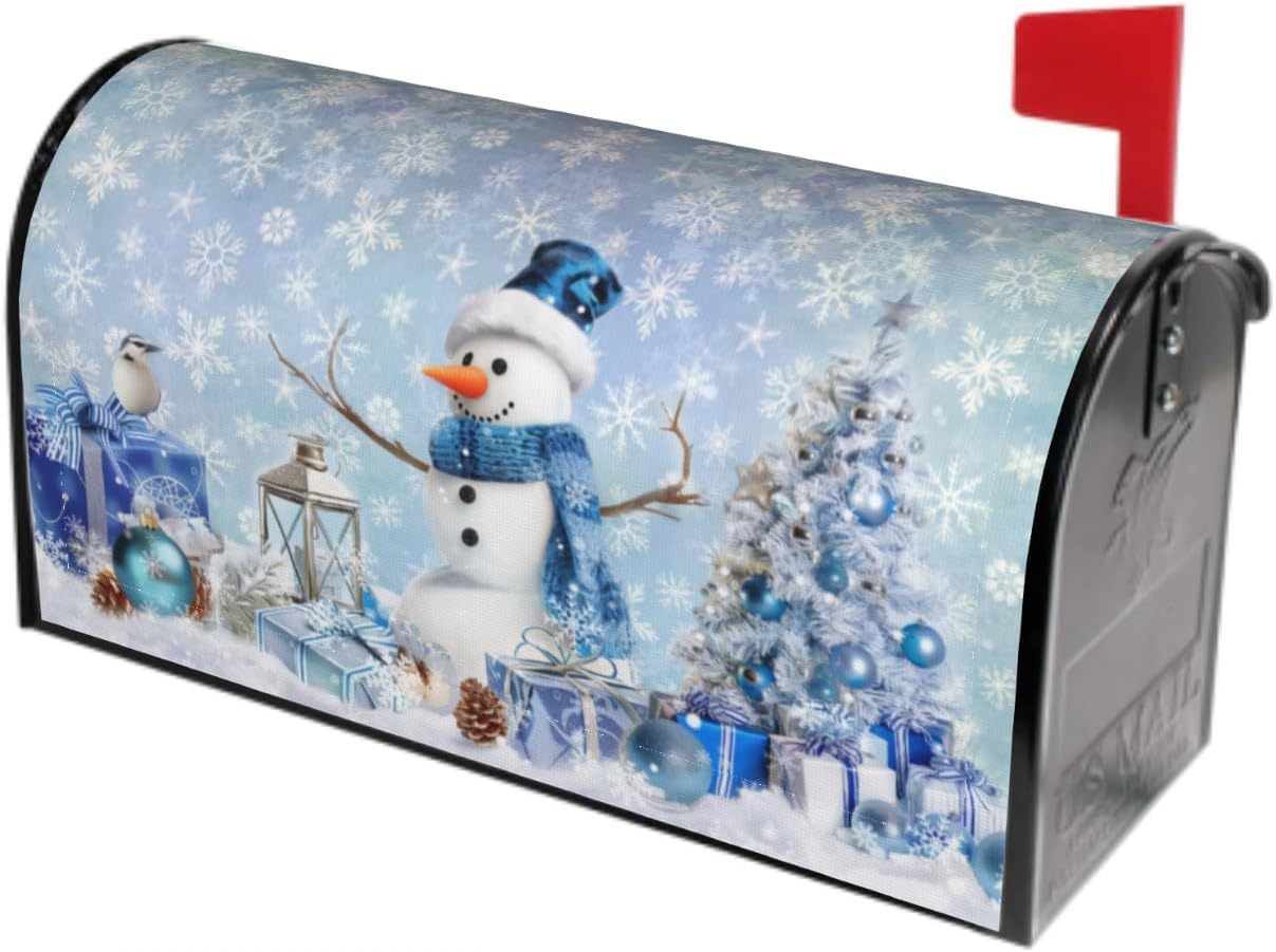 Winter Snowman Mailbox Cover Magnetic 21x18 Standard Size Blue Christmas Tree Balls Xmas Snowflakes Mailbox Wrap Post Cover Decor for Yard Garden Home Outdoor Holiday New Year
