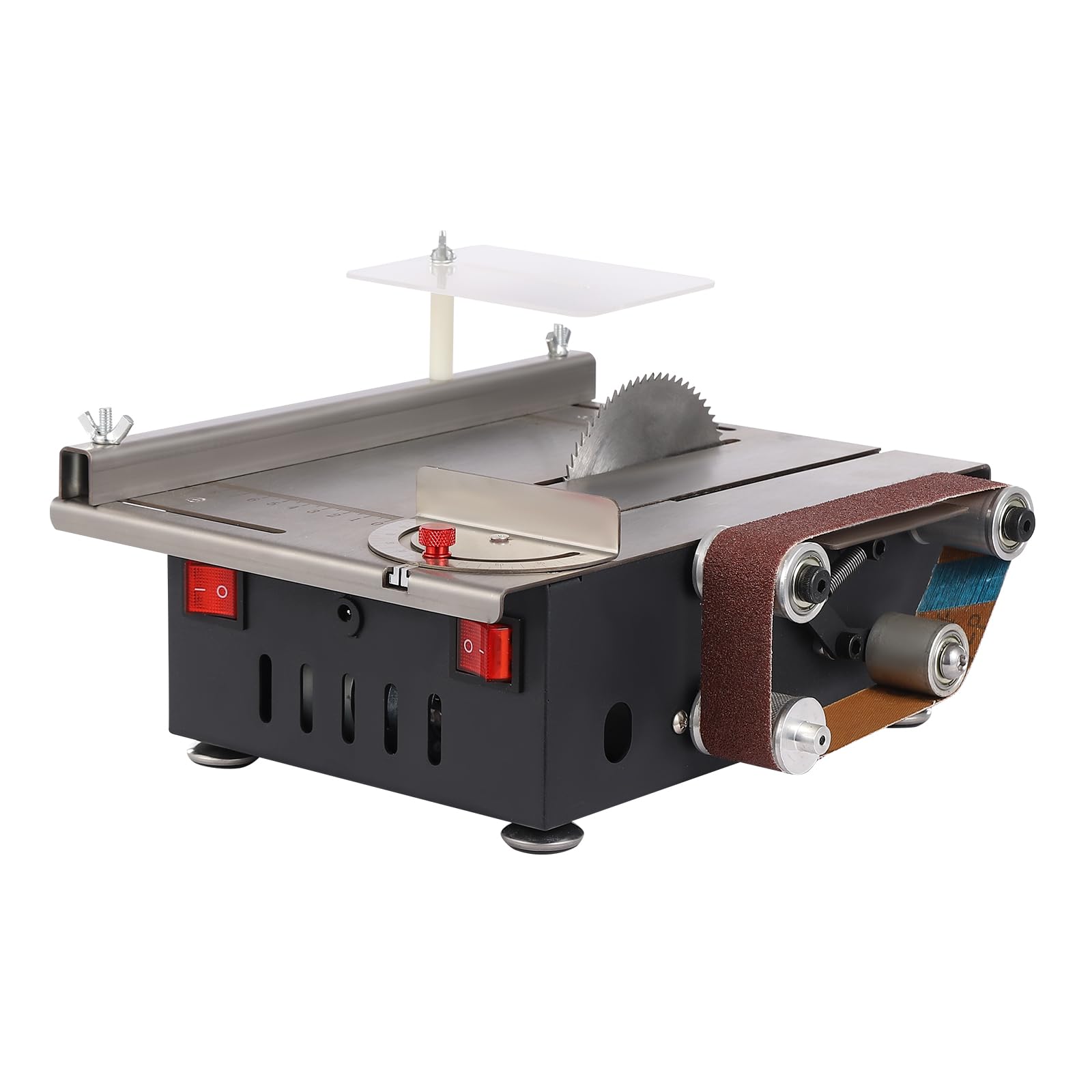Mini sega da tavolo 200 W, sega circolare da tavolo e levigatrice a nastro, 2 in 1, 10000 giri/min, 7 velocità regolabili, regolazione dell'angolo 0-90°, con 4 lame e 10 nastri abrasivi, per fai da te