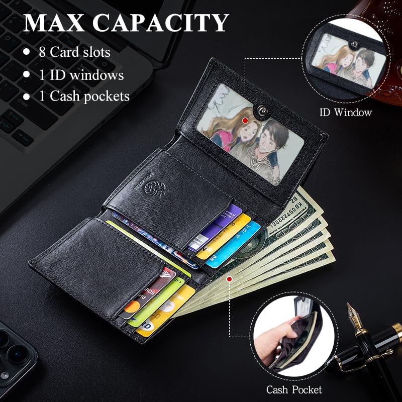 Image of Trifold Wallets for Men RFID Blocking Full Grain Leather Short Mens Wallet with Snap Closure, 8 Card Slots, Clear ID Window, Black