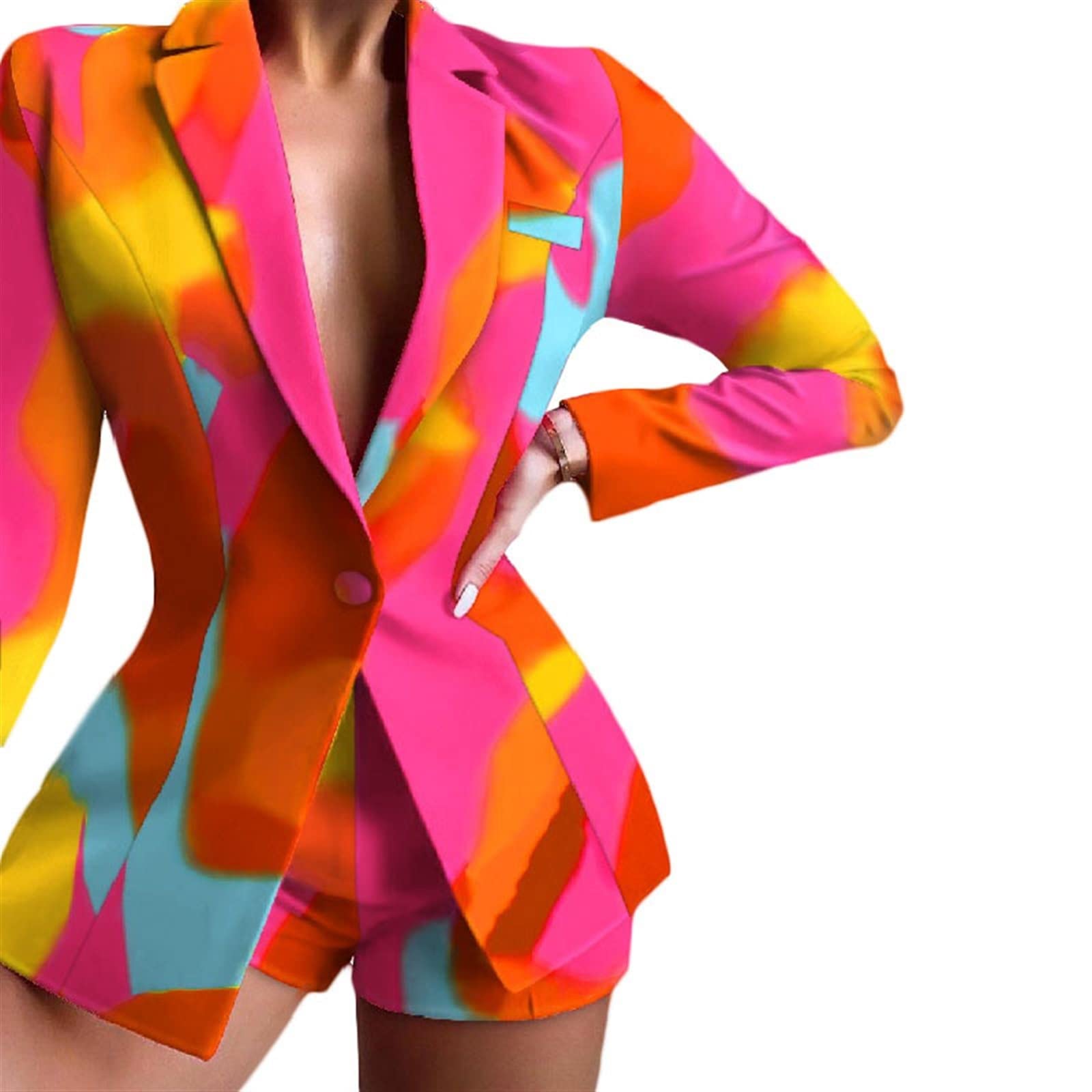 HYMCXWomen's Two-piece Suit Set Lapel Business Office Blazer Long-sleeved Suit Jacket Pants Suit Slim Fit Shorts 2 Piece Suit Sets (Color : Orange, Size : Medium)