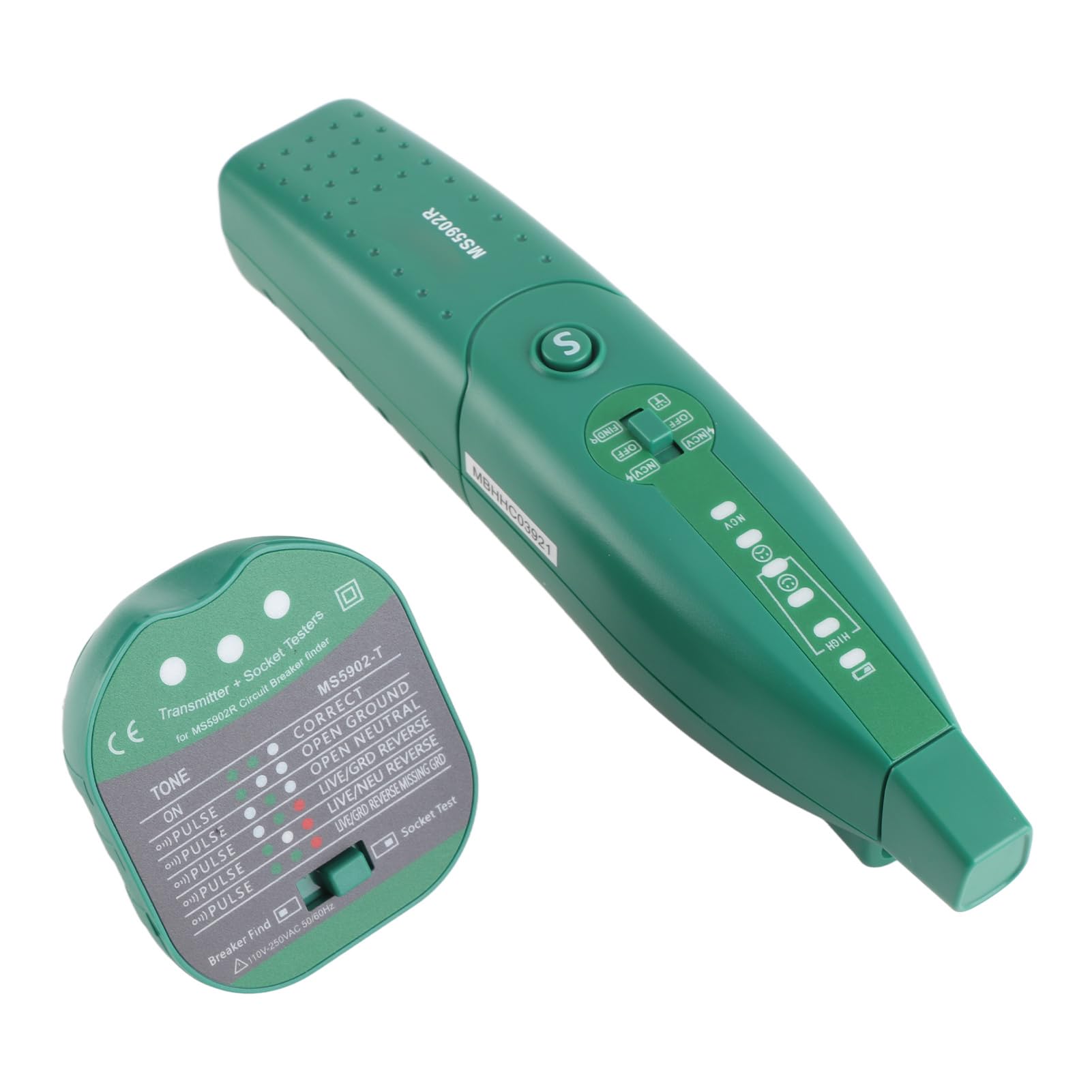 MS5902 Rilevatore automatico di interruttori automatici e kit tester presa, con trasmettitore e ricevitore,rilevatore di tensione CA senza contatto,per uso domestico/industriale,nero+verde(MS5902TD)