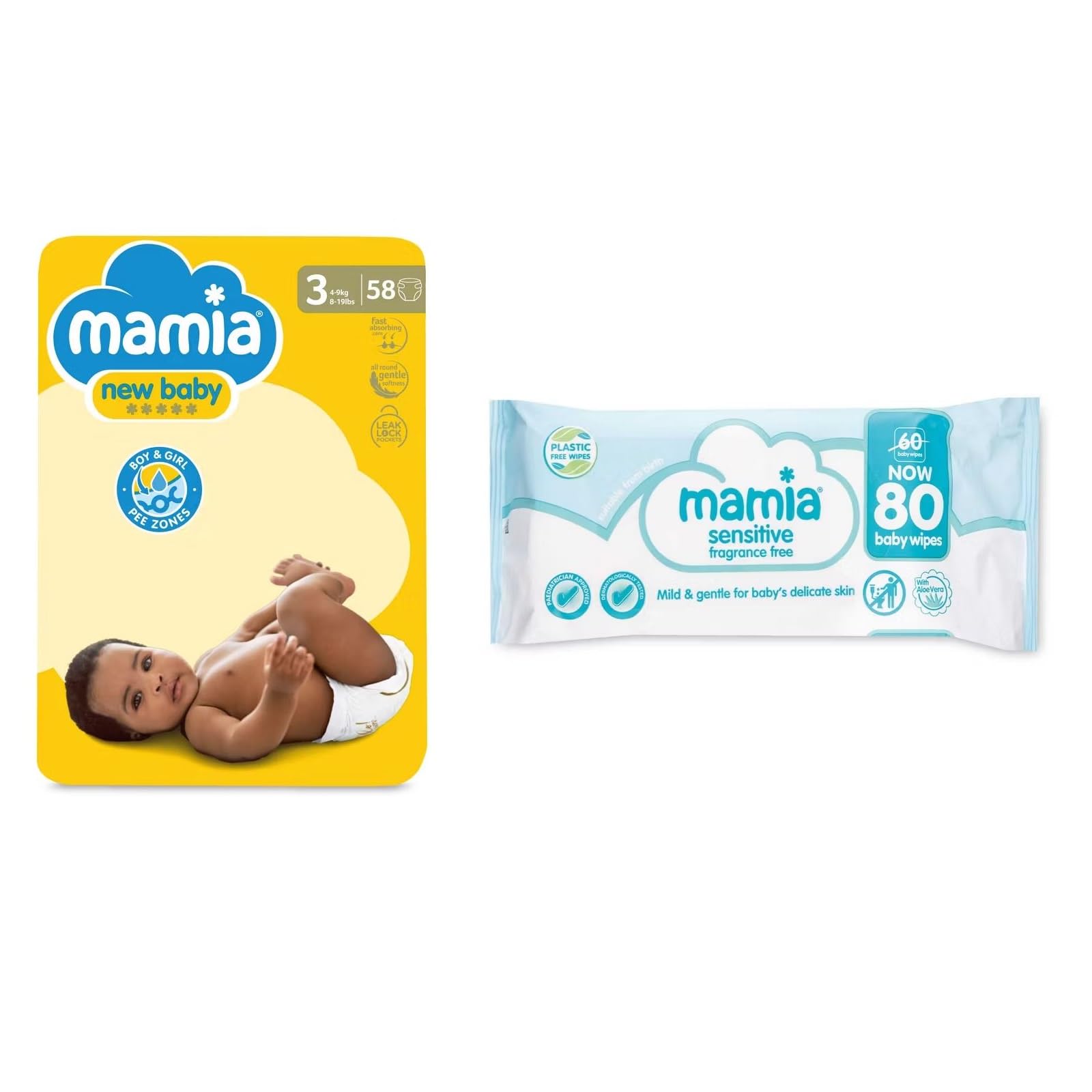 Mamia Size 3 Nappies (58 Pack) + Mamia Sensitive Fragrance Free Baby Wipes (80 Pack) | Gentle Care Bundle with DryFast Technology & Skin-Friendly Wipes