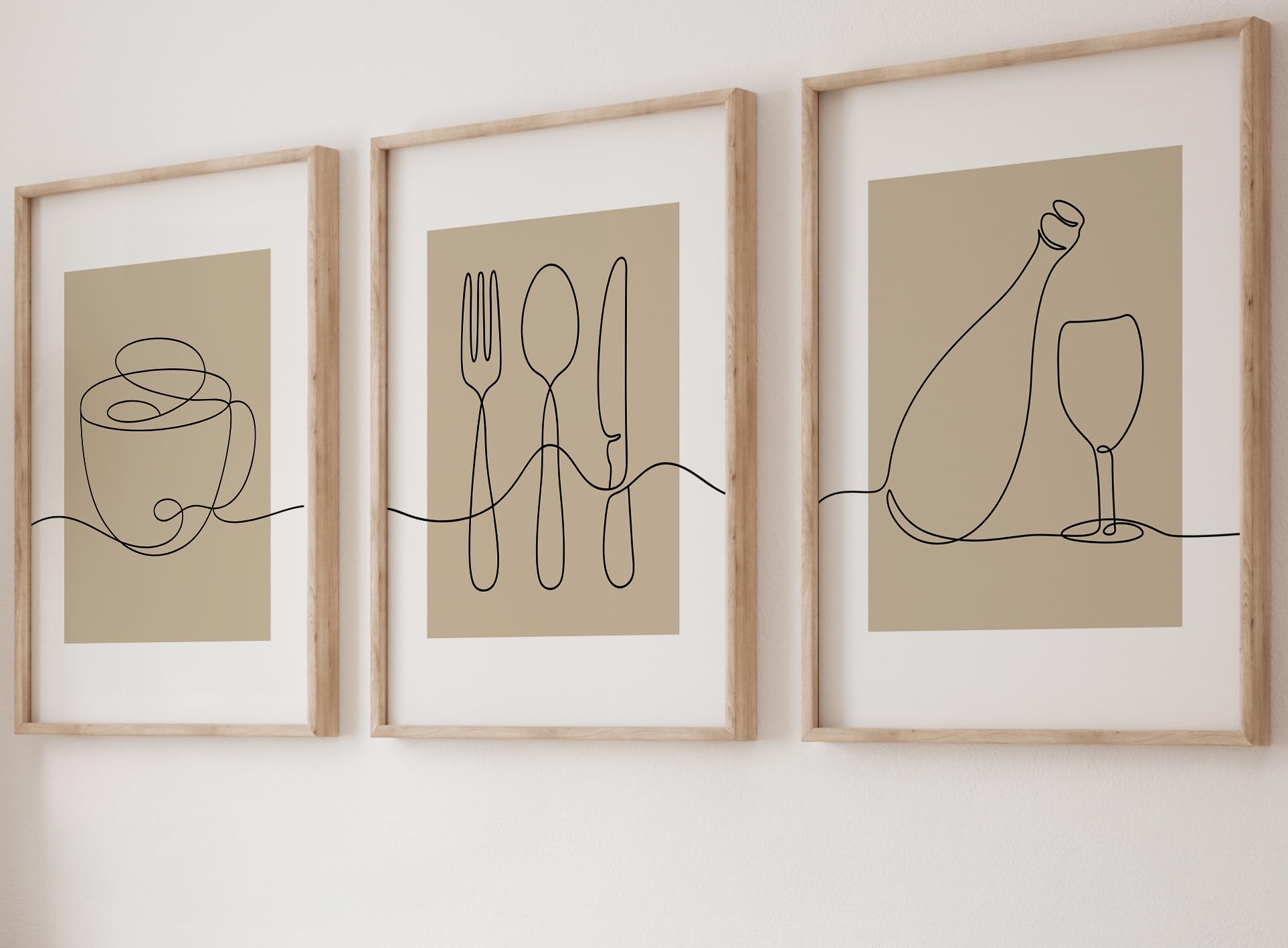 Eviepops Prints Set of 3 Unframed Kitchen Wall Art Prints, Abstract Line Art of Coffee Cup, Cutlery, Wine Bottle & Glass, Beige & Grey Decor for Modern Minimalist Dining Room or Kitchen (A4)