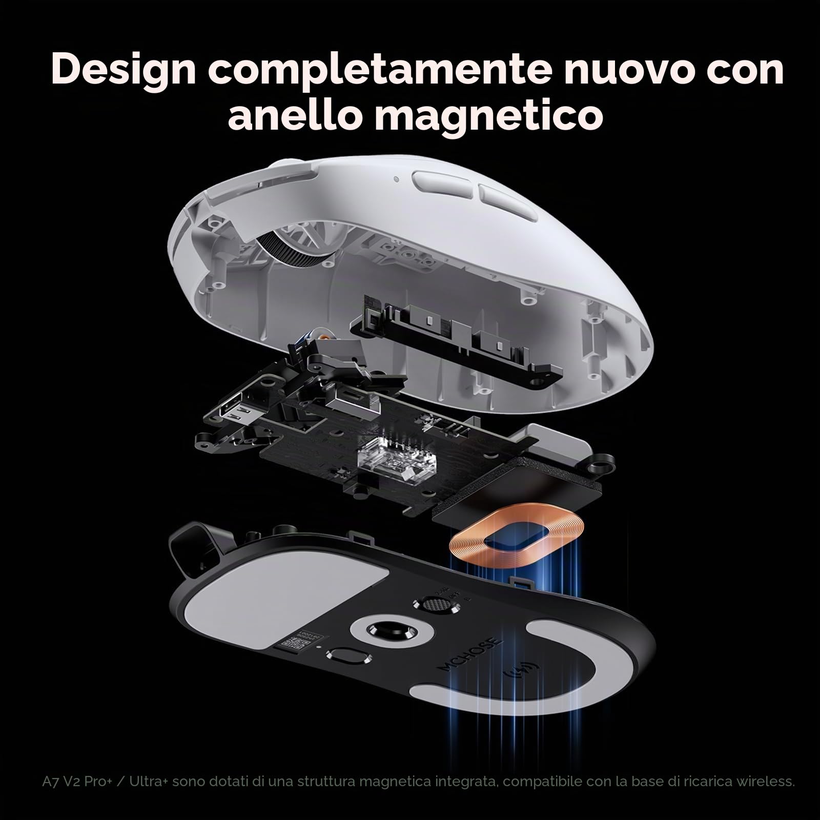 MCHOSE A7 V2 Pro Mouse da Gaming Wireless FPS/MOBA, Nero | PAW3395, 26.000 DPI, 8.000 Hz, 650 IPS, 50G, 2.4G/BT/USB-C, batteria da 500 mAh