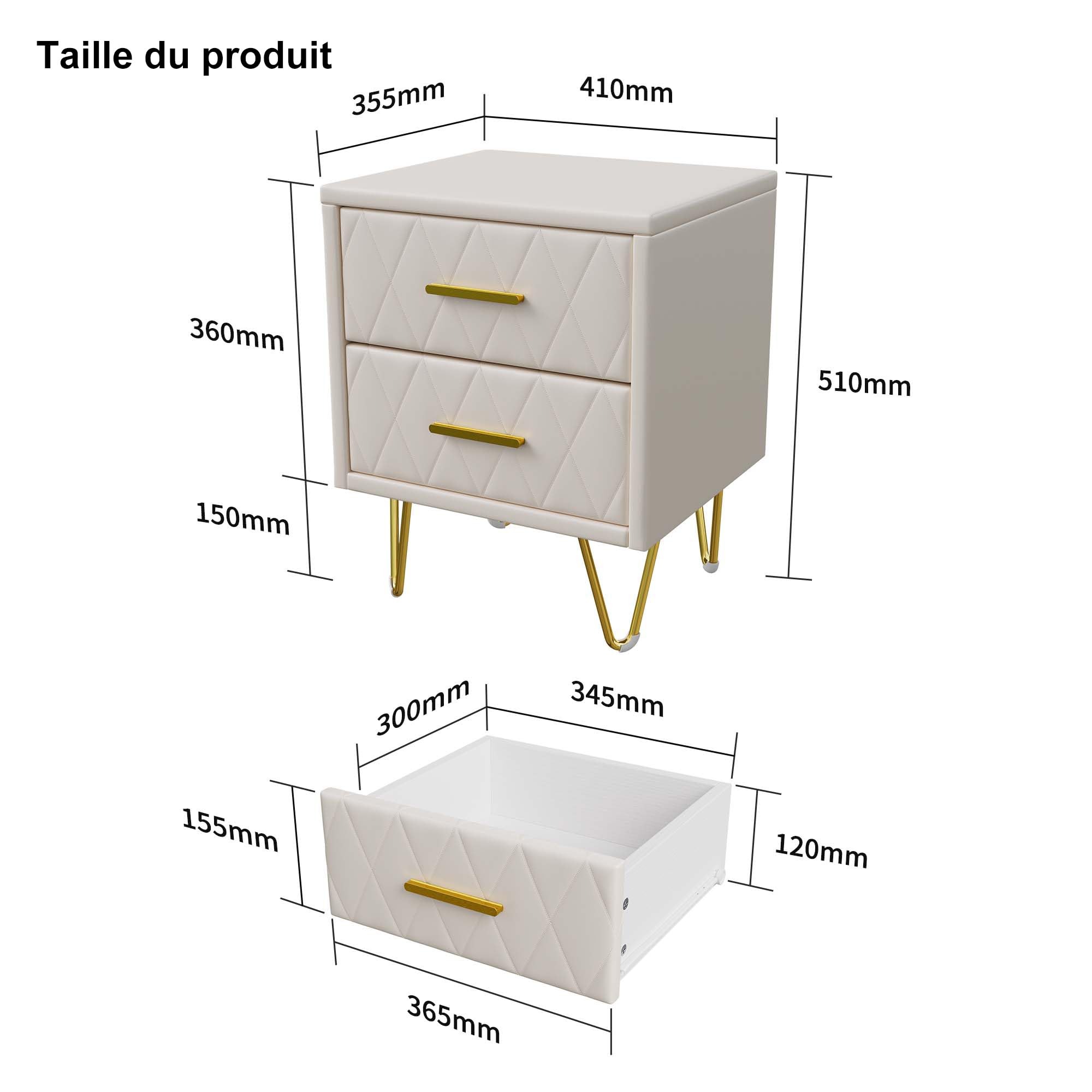 Comodino con 2 cassetti, superficie in pelle, tavolino con piedini e maniglie in metallo per camera da letto, soggiorno, 41 x 35,5 x 51 cm (beige PU+2 cassetti, 2 unità)
