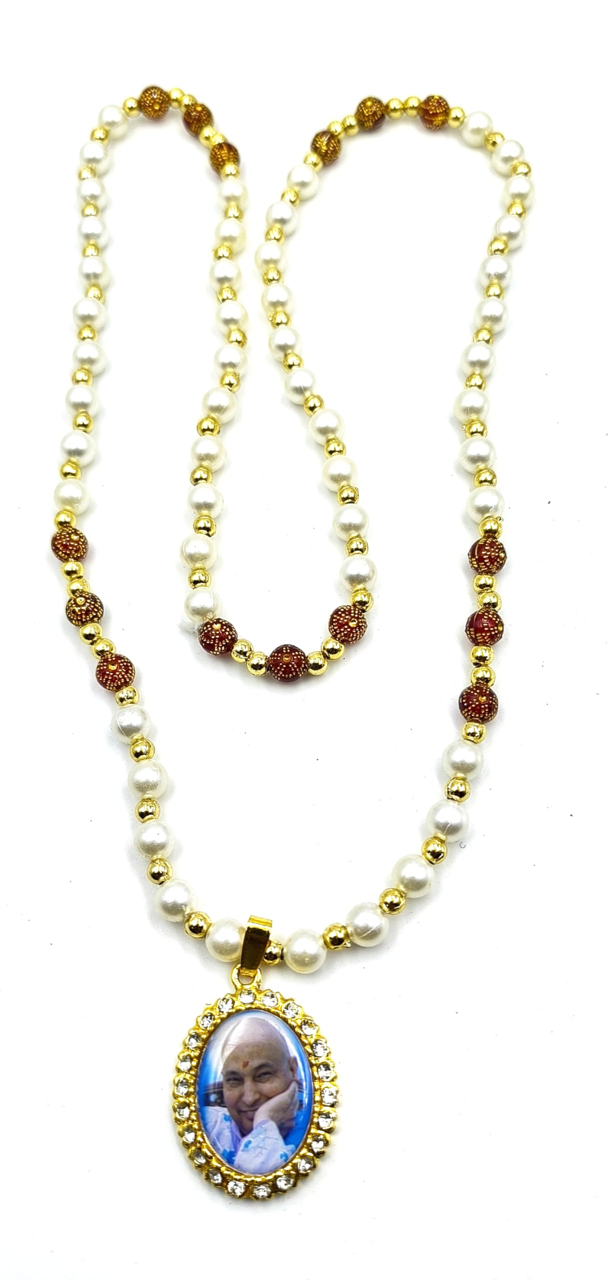 Guruji White & Gold Pearl Imitated Necklace Locket with pendant | Sukarana Guru ji Satsang Gifts | Blessing Always Guruji Swaroop | Pendant size 2." x 1.5" - Mala Size 14" (B0D86RBSY6) Amazon Price History, Amazon Price Tracker