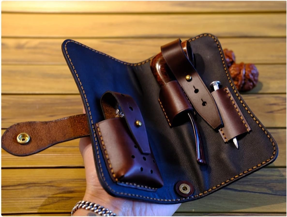 Leather Portable Small Pipe Bag, Smoking Pipe Accessories Organizer, Travel Pipes Storage Case Multifunctional Tool Kit Leather Retro Bag Pouch Tobacco Pipe Brown.