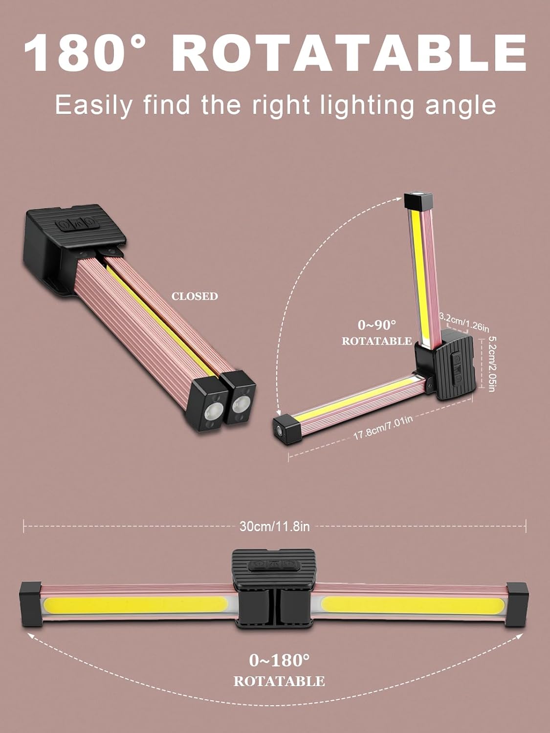 Gym Lamp, Portable Gym Lighting for Posing, Magnetic Work Light with Portable Charger, Gift for Men/Women, 180° Rotate Foldable with Hang Hook Camping Lamp, LED Handheld Flashlight-Rose - Image 4